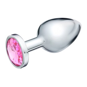 Анальная пробка Оки-Чпоки, серебряная, кристалл розовый, D = 34 мм