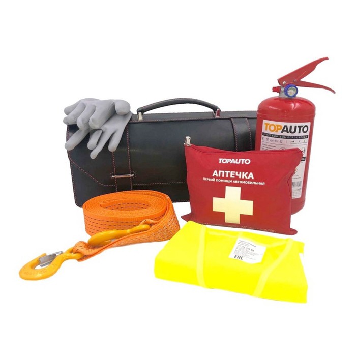 фото Набор автомобилиста emergency kit 2 сумка из натуральной кожи, аптечка, оп-2, жилет, трос 3,5т, перчатки топавто
