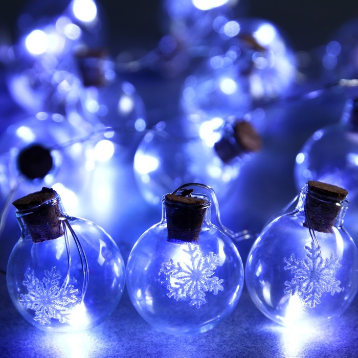 фото Гирлянда «нить» 1.6 м с насадками «шарики со снежинкой», ip20, прозрачная нить, 15 led, свечение белое, аах2 luazon lighting
