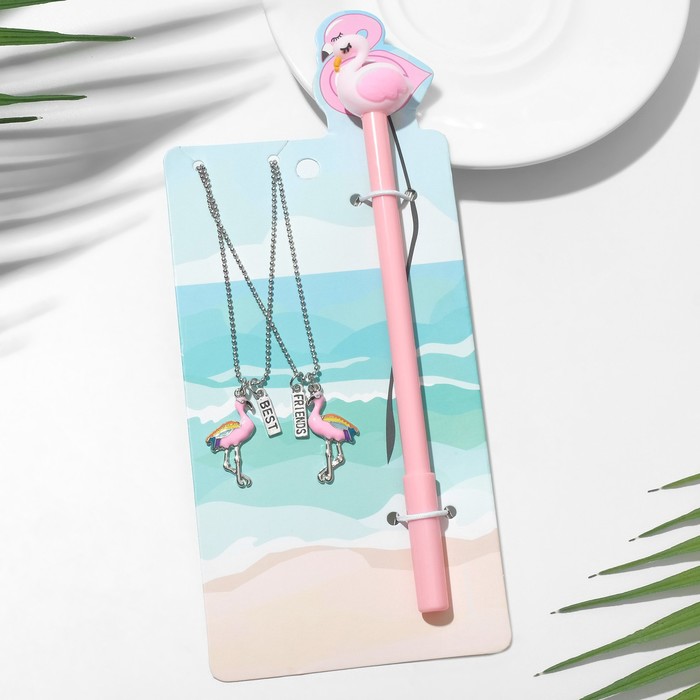 Набор 3 предмета: 2 кулона, ручка Неразлучники фламинго, цвет розовый, 44см