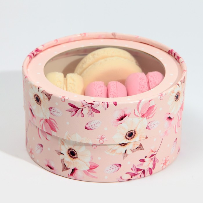 Коробка для макарун, кондитерская упаковка тубус с окном, «Розовые цветы» 12 х 12 х 5 см коробка тубус с окном мрамор 12 х 12 х 5 см