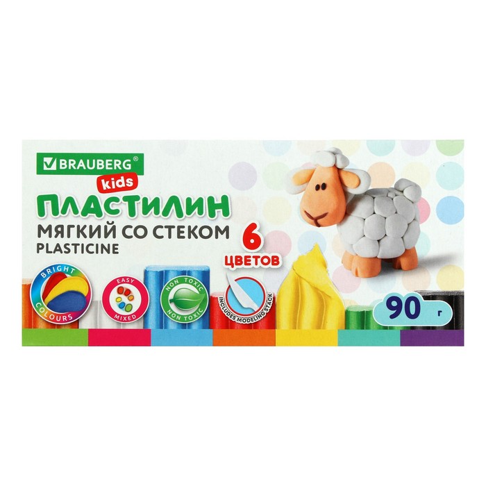 Пластилин мягкий, восковой, 6 цветов, 90 г, KIDS, со стеком