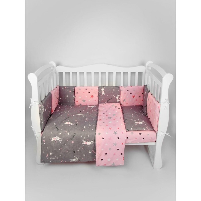 Бортик в кроватку 12 предметов AmaroBaby Princess, серый/розовый