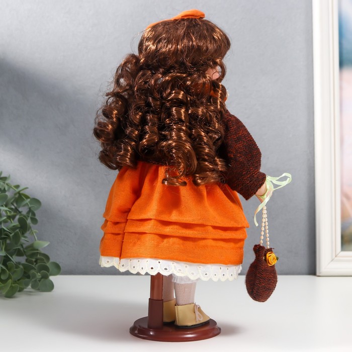 Кукла коллекционная керамика "Василиса в ярко-оранжевом платье, с рюшами, с сумочкой" 30 см   758616