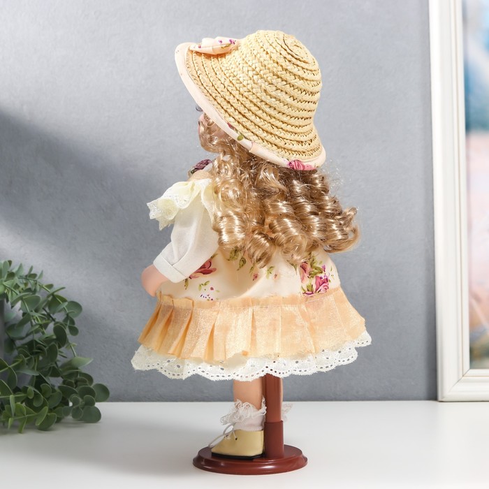 Кукла коллекционная керамика "Алиса в жёлтом платье с цветами, в соломенной шляпке" 30 см