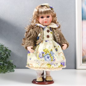 Кукла коллекционная керамика "Танечка в платье с цветами, в бежевом джемпере" 30 см