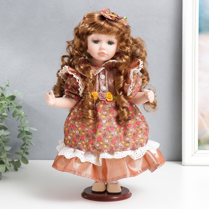 Кукла коллекционная керамика "Тося в платье с мелкими цветочками, с бантом в волосах" 30 см   758617