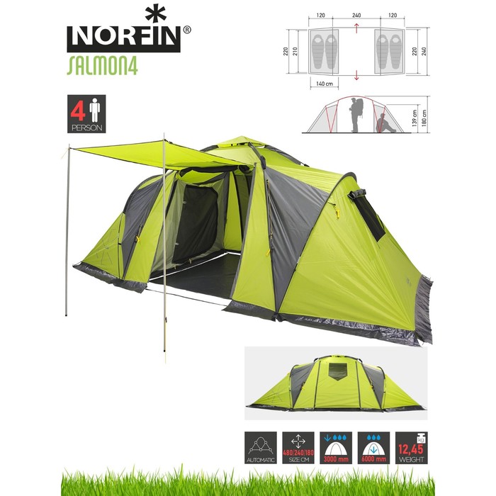 палатка кемпинговая norfin salmon 4 nf 4 х местная Палатка полуавтоматическая 4-х мест. Norfin SALMON 4 NF