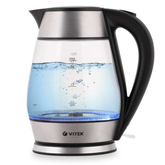 Чайник электрический Vitek VT-7037, стекло, 1.7 л, 2200 Вт, чёрно-серебристый