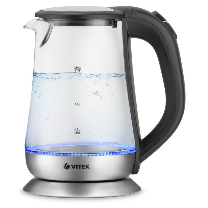 Чайник электрический Vitek VT-7036, стекло, 1.7 л, 2200 Вт, чёрно-серебристый пылесос vitek vt 8136 gy 2200 400 вт 3 л нера фильтр чёрно зелёный
