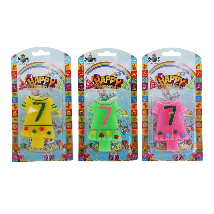Свеча восковая для торта "Платье" цифра 7, цвета МИКС
