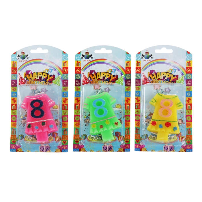 Свеча восковая для торта "Платье" цифра 8, цвета МИКС