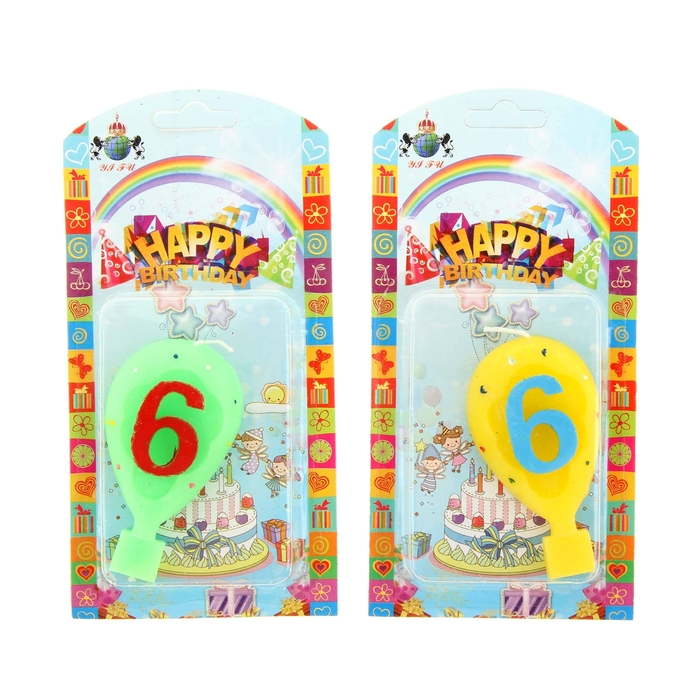 Свеча восковая для торта "Шарик" цифра 6, цвета МИКС
