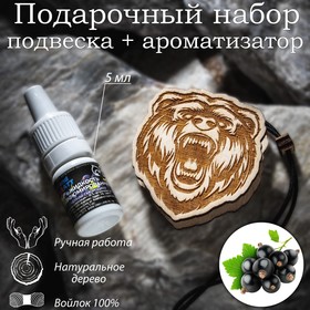 Ароматизатор подвесной из натурального дерева, набор: подвеска Медведь (дерево, войлок), парфюмированная пропитка Черная смородина, 5 мл Ош