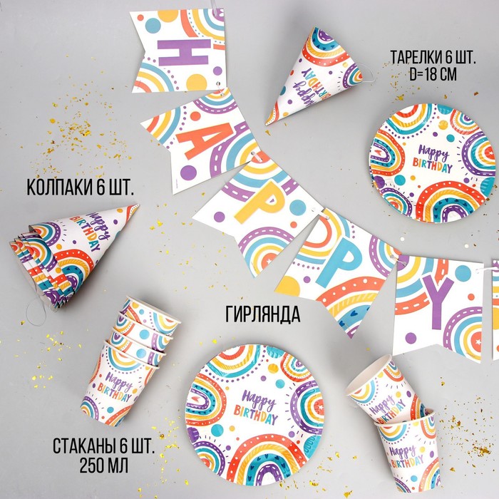 

Набор бумажной посуды Happy Birthday, 6 тарелок, 6 стаканов, 6 колпаков