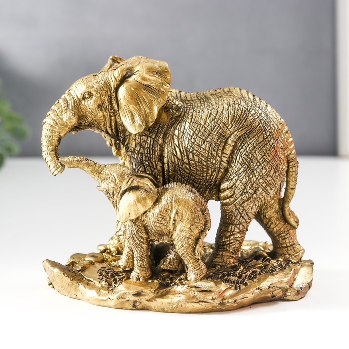 Сувенир полистоун Слон со слонёнком золото 9,5х7,5х11,5 см