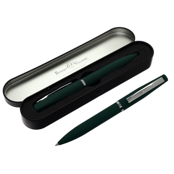 Ручка шариковая поворотная, 1.0 мм, Bruno Visconti PORTOFINO, стержень синий, зелёный металлический корпус, в металлическом футляре