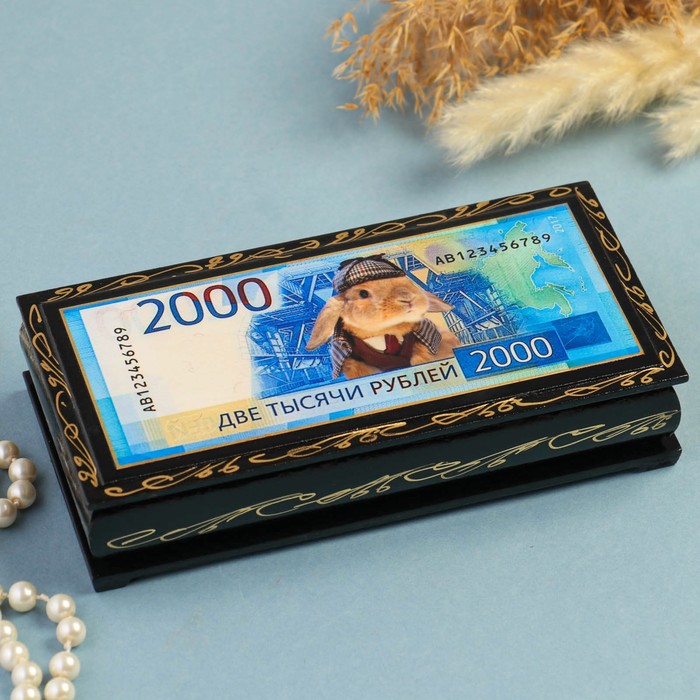 Шкатулка - купюрница 2000 рублей, кролик, 8,5х17 см, лаковая миниатюра