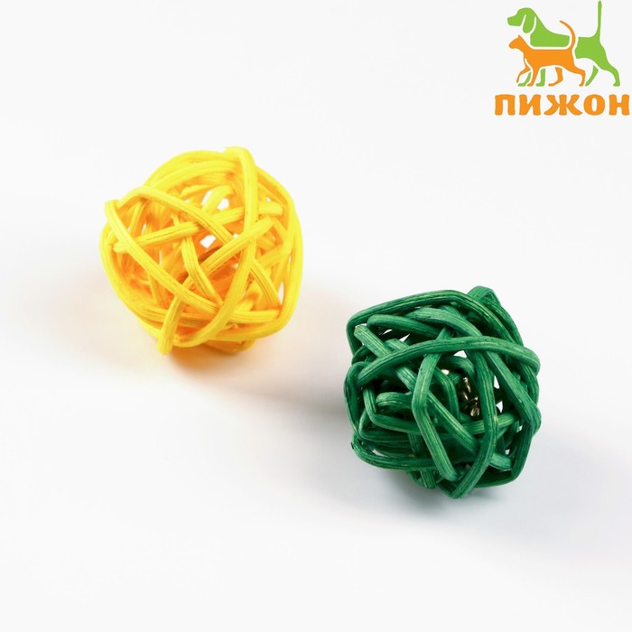 фото Набор из 2 плетёных шариков из лозы с бубенчиком, 3 см, желтый/зеленый пижон