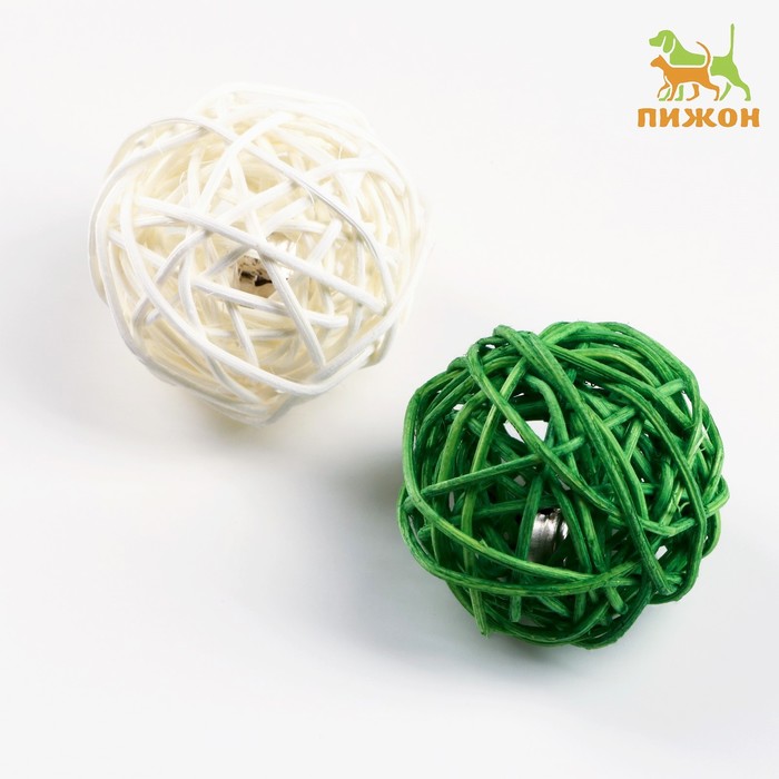 фото Набор из 2 плетёных шариков из лозы с бубенчиком, 5 см, белый/зеленый пижон