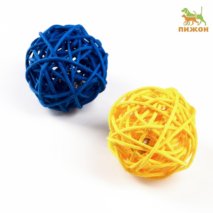 фото Набор из 2 плетёных шариков из лозы с бубенчиком, 5 см, жёлтый/синий пижон
