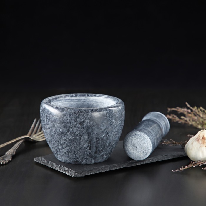 фото Ступка с пестиком из камня доляна «мрамор», 10×8 см, цвет серый
