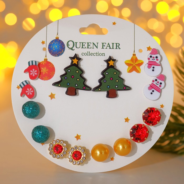 фото Набор серьги 7 пар "новогодние", ёлочка, снеговик и варежки, цветной в золоте queen fair