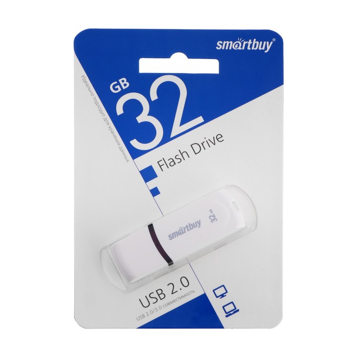 

Флешка Smartbuy Paean White, 32 Гб, USB 2.0, чт до 25 Мб/с, зап до 15 Мб/с, белая