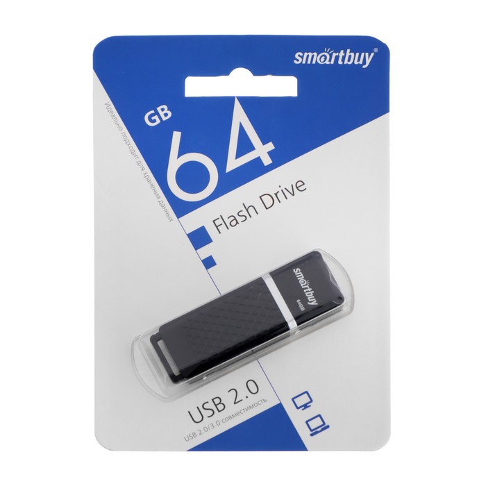 Флешка Smartbuy Quartz series Black, 64 Гб, USB 2.0, чт до 25 Мб/с, зап до 15 Мб/с, чёрная