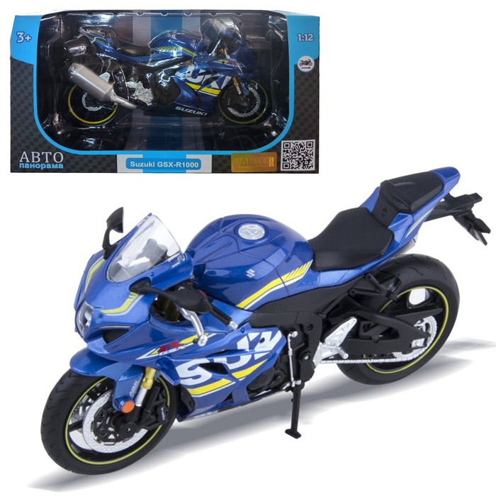 фото Модель мотоцикла металл. suzuki gsx-r 1000 1:12, цвет синий, свободный ход колёс автопанорама