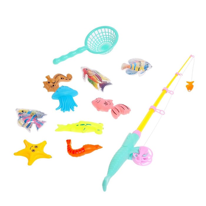 Рыбалка «Морские жители», 9 рыбок, удочка, сачок, цвета МИКС, в пакете