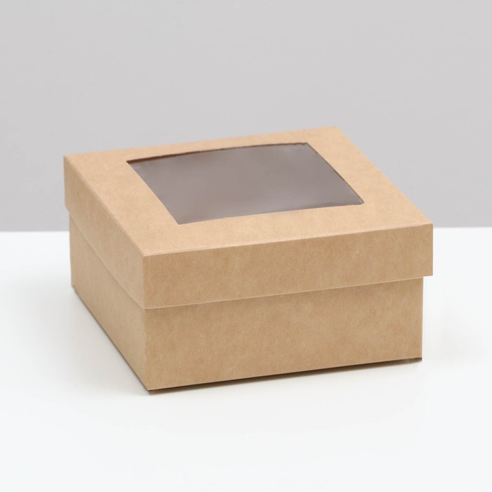 Коробка складная, крышка-дно,с окном, крафт, 10 х 10 х 5 см
