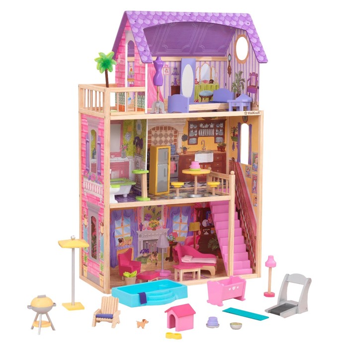 фото Деревянный кукольный домик «патио и бассейн», с мебелью, 32 предмета kidkraft
