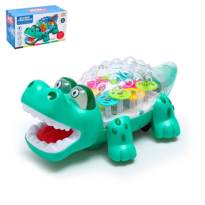 Крокодил "Шестерёнки", свет и звук, работает от батареек, цвет зеленый