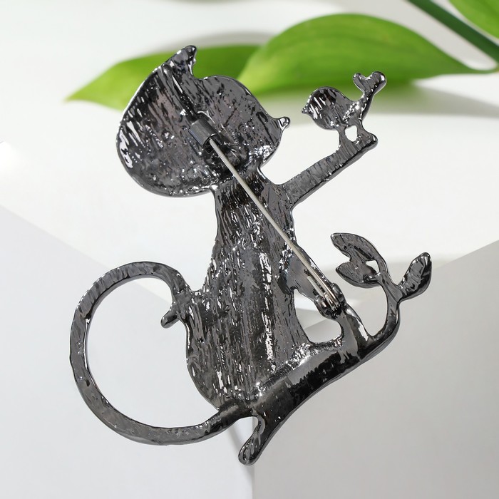 

Брошь мультяшная "Кошка" с птичкой, цвет бордовый в сером металле