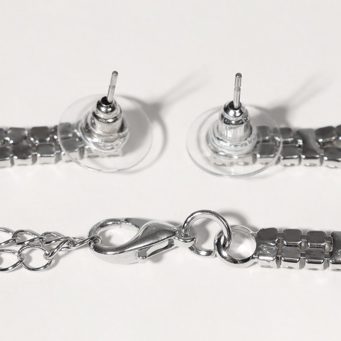 Набор 2 предмета: серьги, колье "Листопад" утончённый ромб, цвет бело-изумрудный в серебре