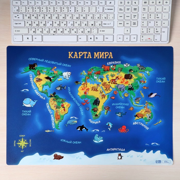 Накладка на стол пластиковая А3 (460 х 330 мм), "Карта мира", 430 мкм, обучающая