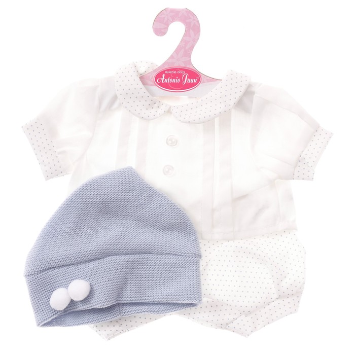 фото Одежда для кукол и пупсов 40-45 см, кофта с воротником, шорты, шапка голубая munecas antonio juan