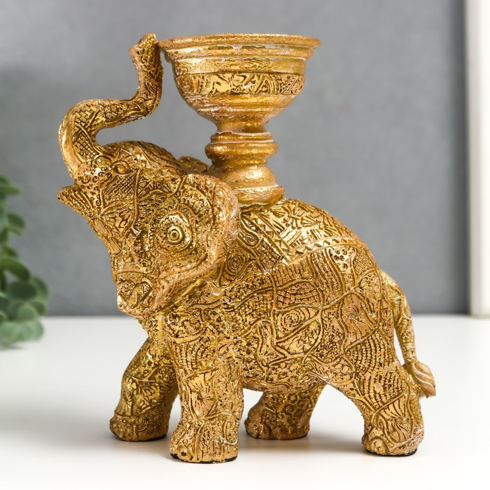 Сувенир полистоун подсвечник Слон с наскальными рисунками золотистый 16х7,5х13 см сувенир полистоун подсвечник зеркальные вставки индийский слон на бревне 12 5х7 5х3 2 см