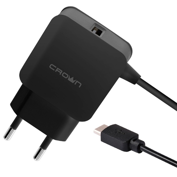 фото Сетевое зарядное устройство crown cmwc-3001, usb, 1.2 а, microusb, кабель 1м, черное