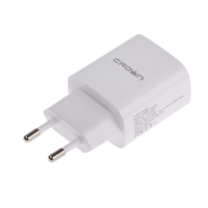 

Сетевое зарядное устройство Crown CMWC-3032F, USB, USB-C, 2.4 А, быстрая зарядка, белое