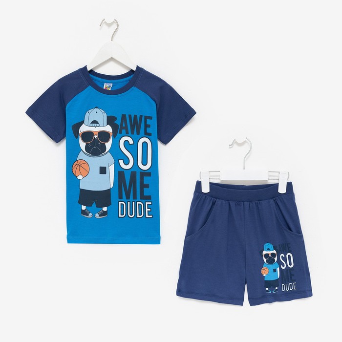 фото Комплект для мальчика (футболка, шорты), цвет голубой/тёмно-синий, рост 116 см baby style