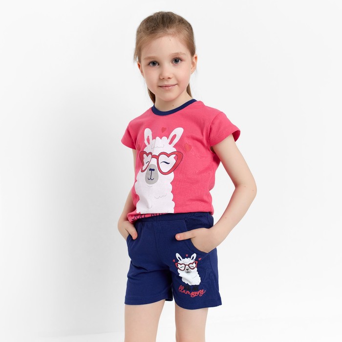 Комплект для девочки (футболка, шорты), цвет розовый/тёмно-синий, рост 122 см