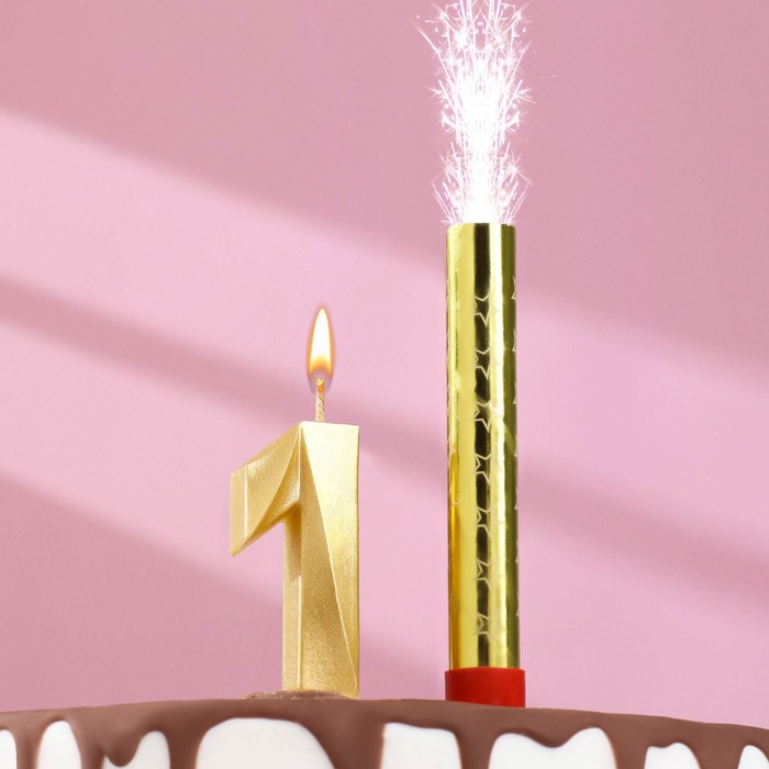 Свеча для торта цифра Грань + фонтан золотая 1