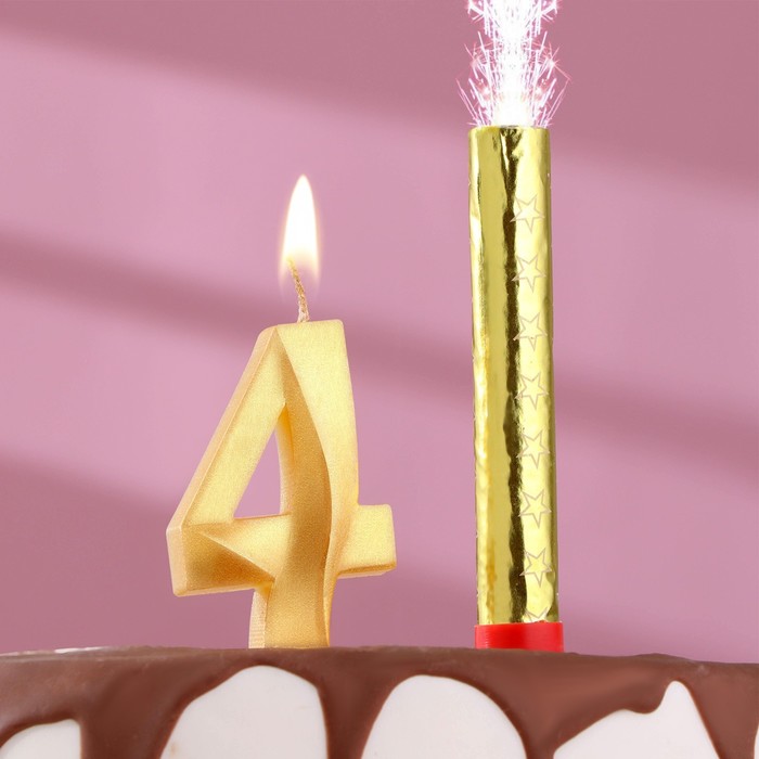 Свеча для торта цифра Грань + фонтан золотая 4