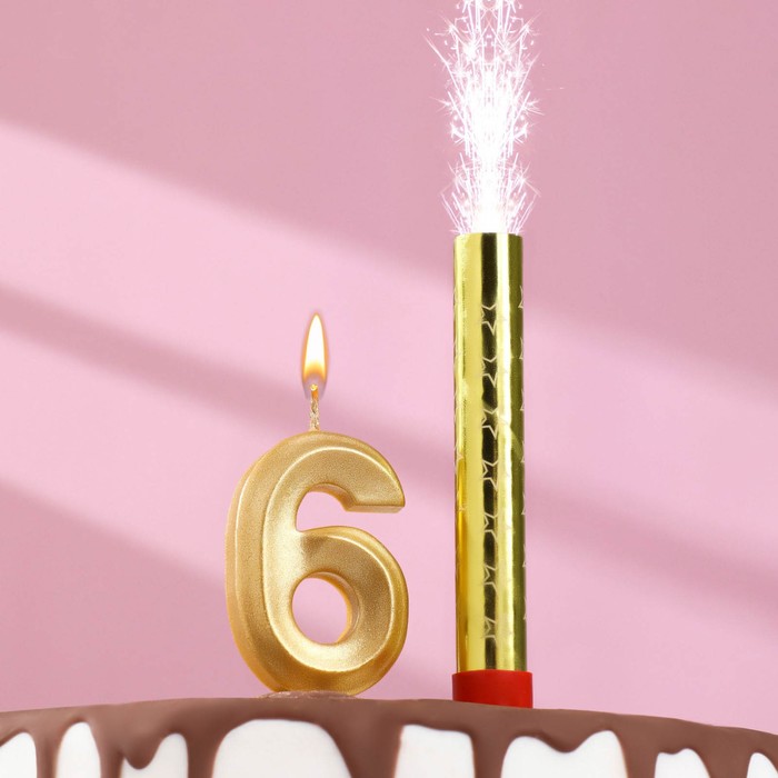 Свеча для торта цифра Грань + фонтан золотая 6
