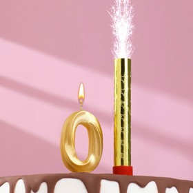 Свеча для торта цифра "Грань + фонтан" золотая "0"