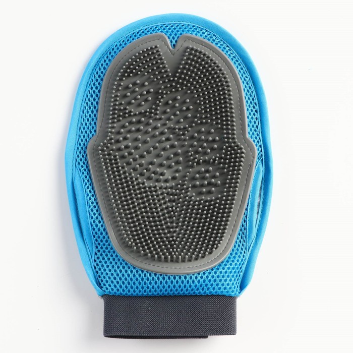 

Рукавица-щетка для шерсти, на правую и левую руку с отверстием для пальца, серо-голубая