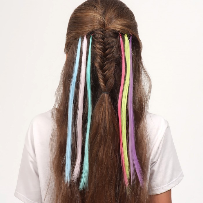 Набор локонов, прямой волос, на неведимке, 32 см, 6 прядей, люминесцентные, разноцветные
