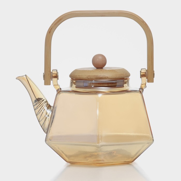 Чайник стеклянный заварочный с бамбуковой крышкой и металлическим фильтром «Октогон», 800 мл, цвет золотой чайник стеклянный заварочный с бамбуковой крышкой и металлическим ситом октогон 800 мл